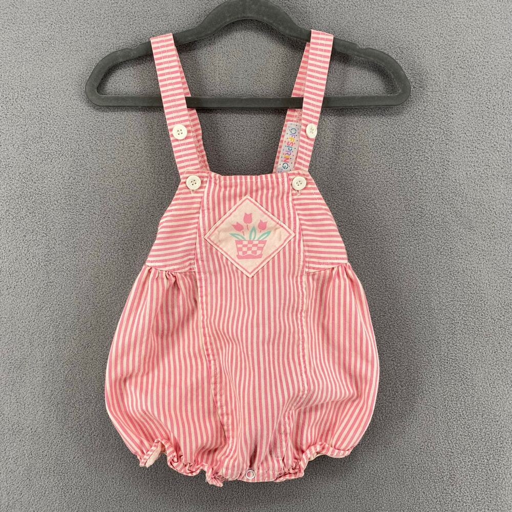 Vtg 80s 90s Offspring Playsuit Jumper Romper Girls 24M Pink Stripe Tulips Cotton